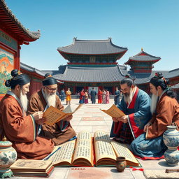 A vibrant and detailed scene depicting the cultural flourishing of Korea, showcasing a harmonious blend of literature, art, and diplomacy
