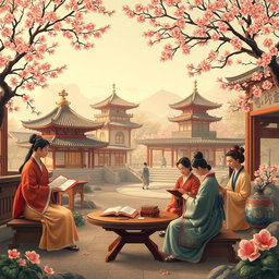 An artistic representation of a vibrant period of Korean culture, showcasing literature, art, and diplomacy