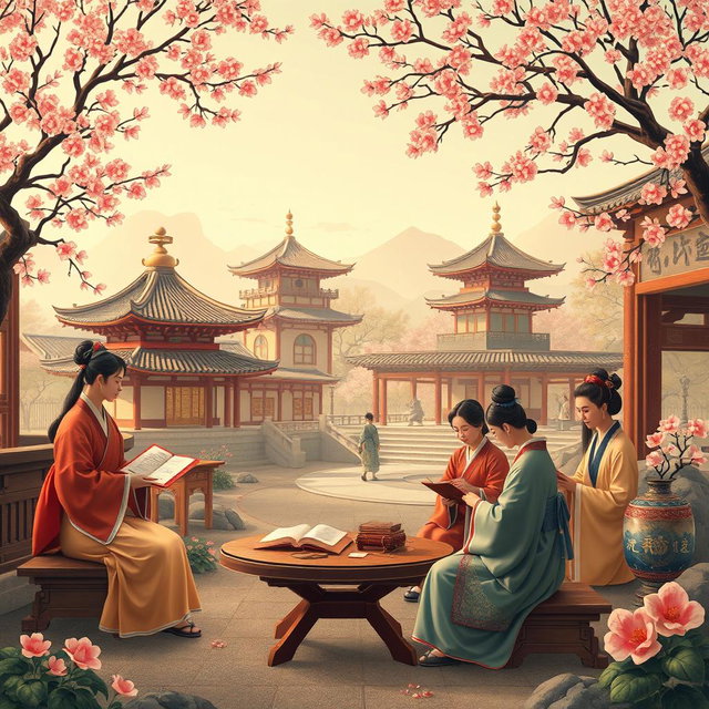 An artistic representation of a vibrant period of Korean culture, showcasing literature, art, and diplomacy