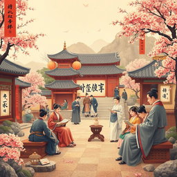 An artistic representation of a vibrant period of Korean culture, showcasing literature, art, and diplomacy