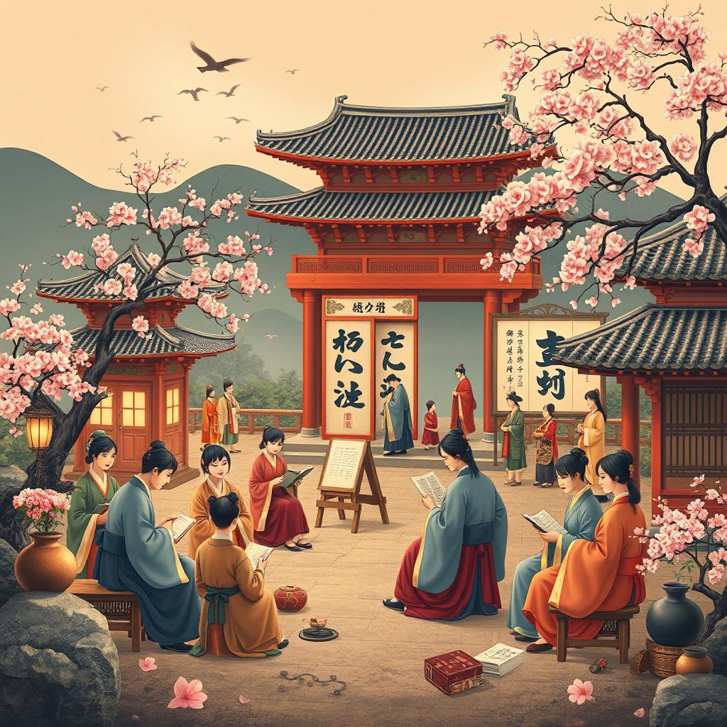 An artistic representation of a vibrant period of Korean culture, showcasing literature, art, and diplomacy