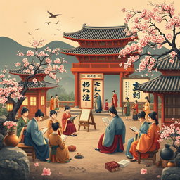 An artistic representation of a vibrant period of Korean culture, showcasing literature, art, and diplomacy