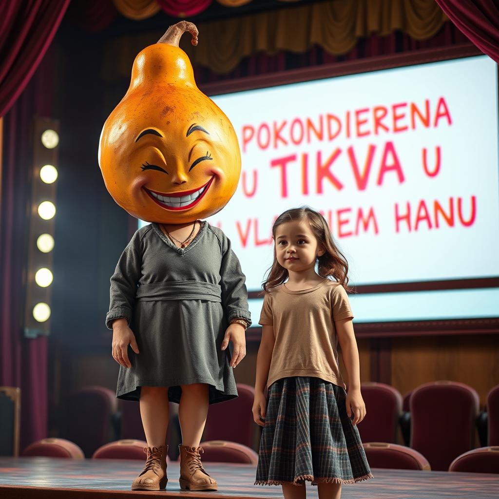 A whimsical scene on a cinema stage featuring a joyful mother with a large, bright smile