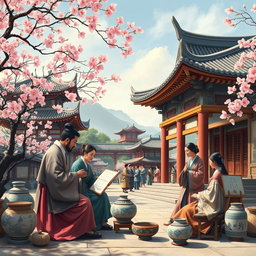 A vibrant scene depicting the cultural renaissance of Korea, showcasing a period rich in literature and art, with artists painting traditional landscapes influenced by Chinese aesthetics