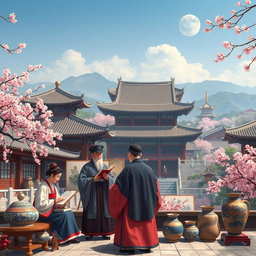 A vibrant scene depicting the cultural renaissance of Korea, showcasing a period rich in literature and art, with artists painting traditional landscapes influenced by Chinese aesthetics