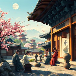 A vibrant scene depicting the cultural renaissance of Korea, showcasing a period rich in literature and art, with artists painting traditional landscapes influenced by Chinese aesthetics