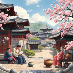 A vibrant scene depicting the cultural renaissance of Korea, showcasing a period rich in literature and art, with artists painting traditional landscapes influenced by Chinese aesthetics