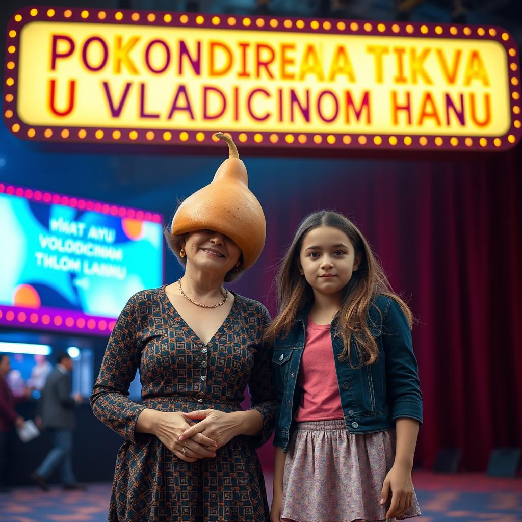 In a vibrant cinema stage setting, a wealthy, smiling mother stands confidently