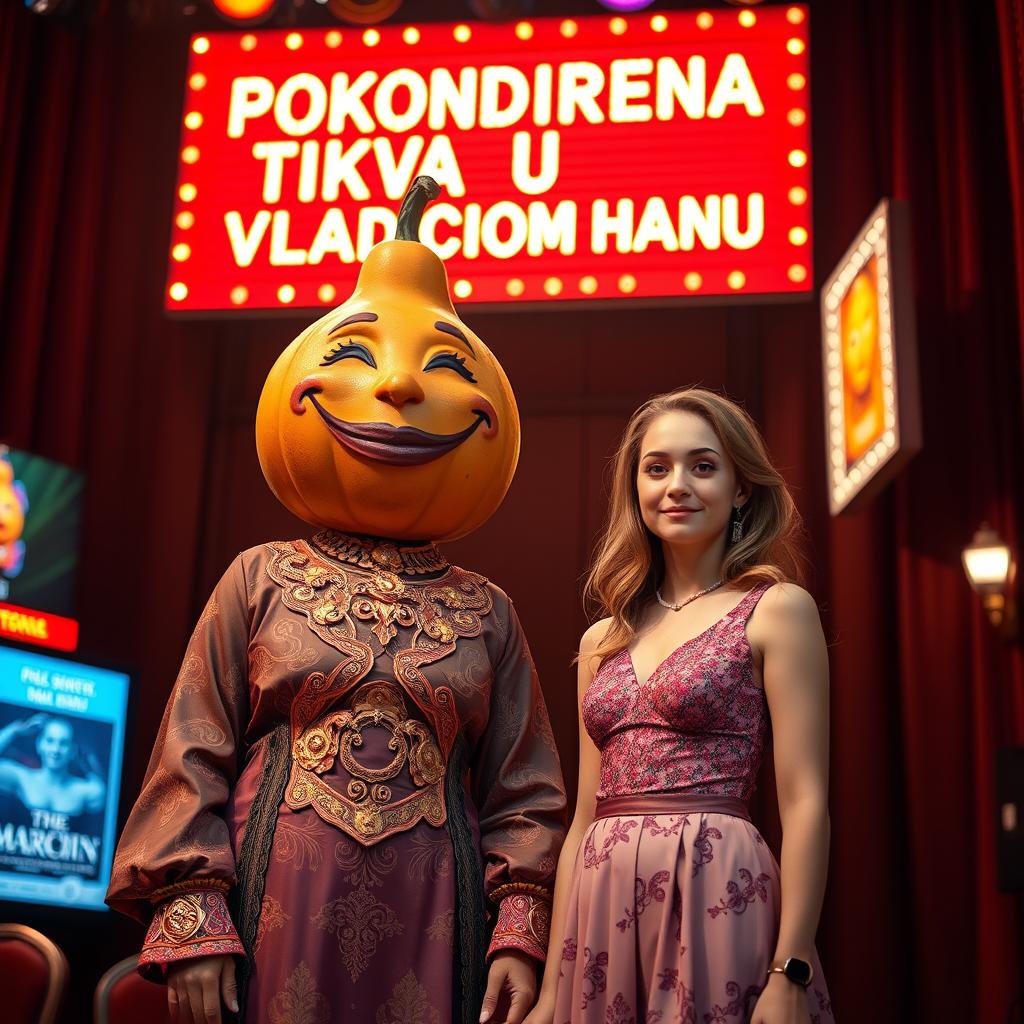A surreal scene on a cinema stage featuring a cheerful mother with a large, smiley gourd in place of her head, embodying wealth and charm, wearing an extravagant outfit