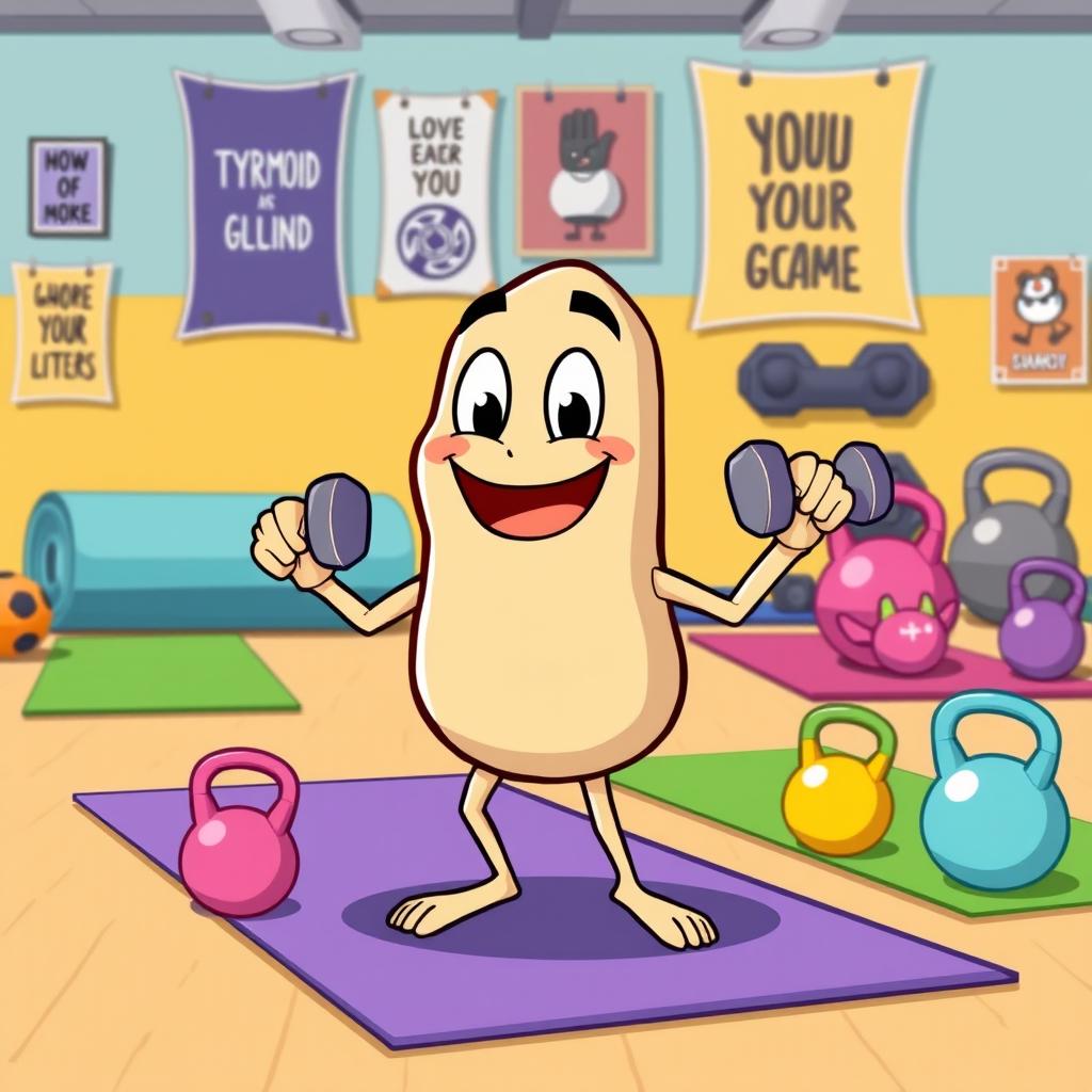 A whimsical cartoon illustration of a cheerful thyroid gland engaging in exercise