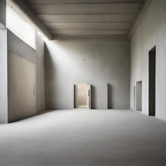 An expansive, awe-inspiring avant-garde concrete gallery filled with tiny silhouettes. The floor mirrors a meticulously crafted beach with detailed sand and miniature dunes. Scattered around the gallery, diverse pieces of captivating artwork adorn the concrete walls, captured in a striking architectural photography style.