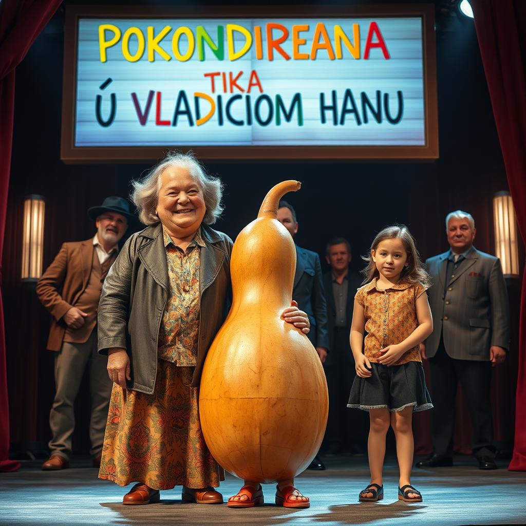 A whimsical scene on a cinema stage featuring a cheerful, wealthy mother with a big smile, who has a large gourd instead of a head seamlessly integrated into her body