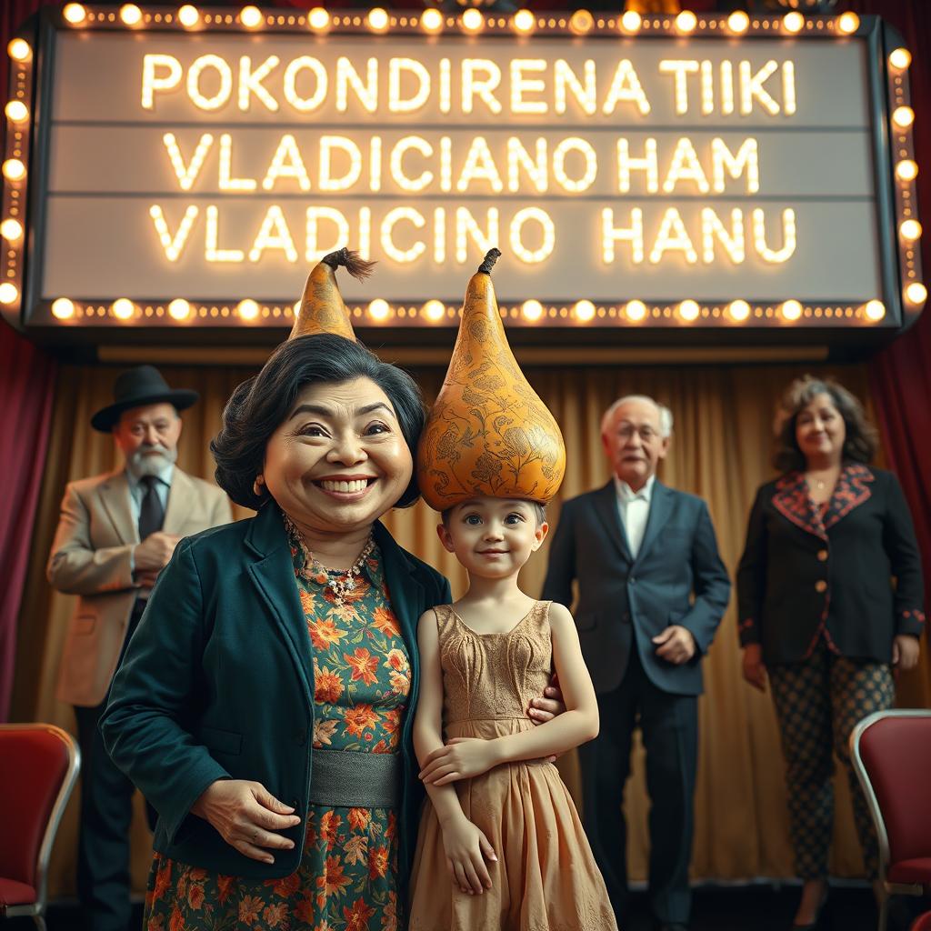 A whimsical and surreal scene on a cinema stage featuring a mother and her 25-year-old daughter