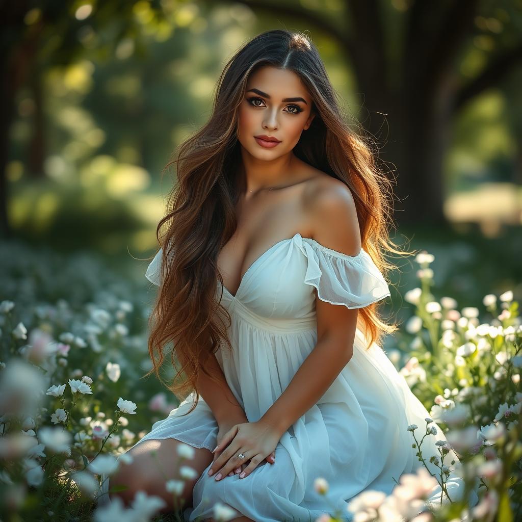 A portrait of a strikingly beautiful woman with long, flowing hair, kneeling elegantly in a soft, ethereal setting