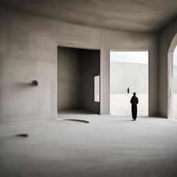 An expansive, awe-inspiring avant-garde concrete gallery filled with tiny silhouettes. The floor mirrors a meticulously crafted beach with detailed sand and miniature dunes. Scattered around the gallery, diverse pieces of captivating artwork adorn the concrete walls, captured in a striking architectural photography style.