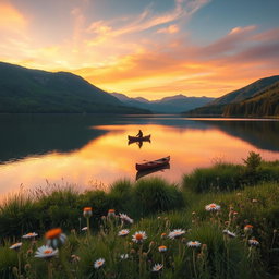 A beautifully serene landscape featuring a calm lake surrounded by lush green forests and distant mountains