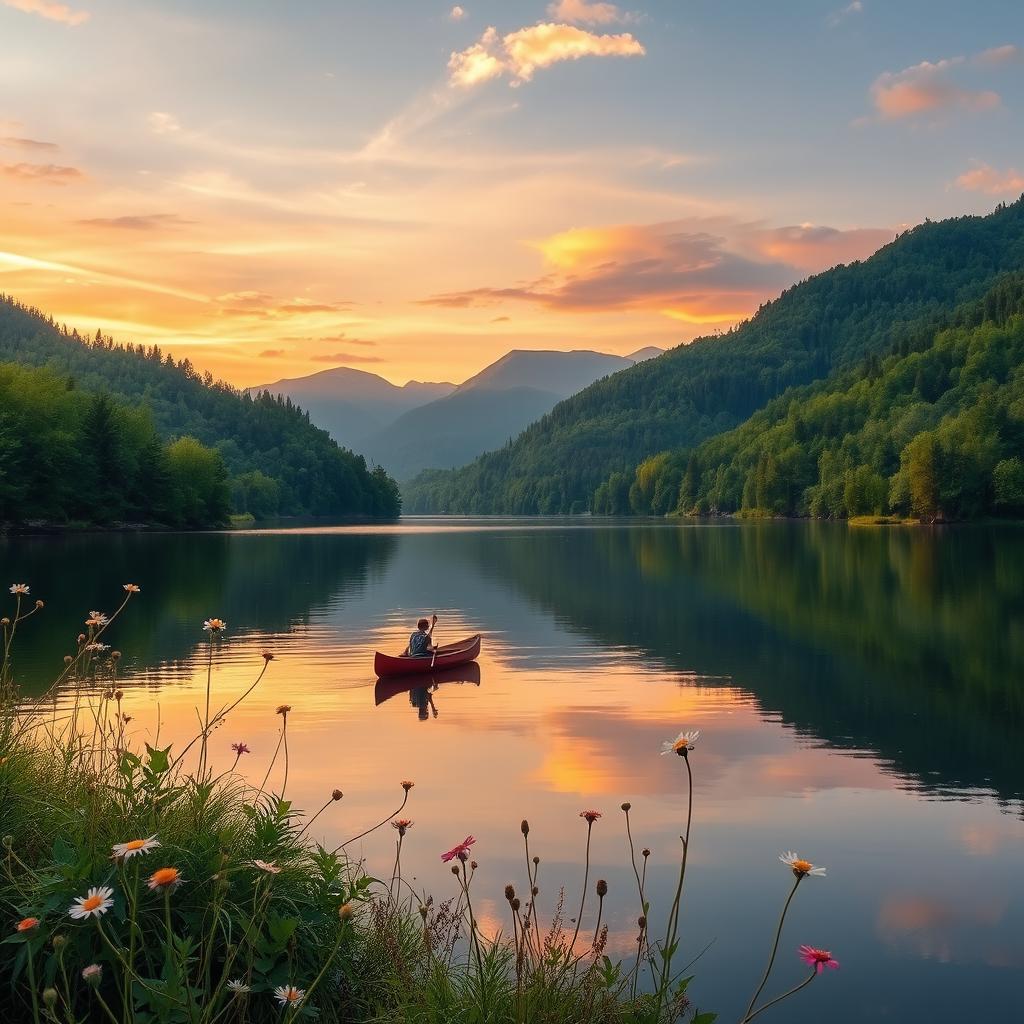 A beautifully serene landscape featuring a calm lake surrounded by lush green forests and distant mountains