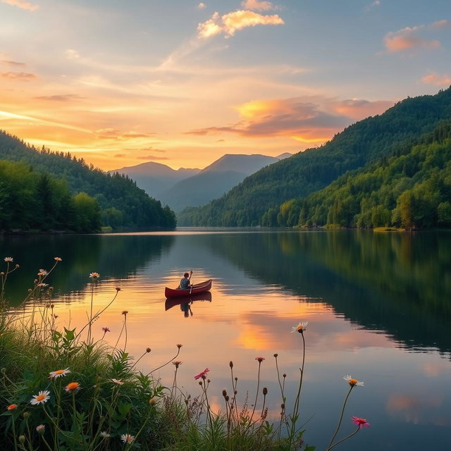 A beautifully serene landscape featuring a calm lake surrounded by lush green forests and distant mountains