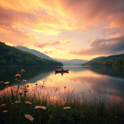 A beautifully serene landscape featuring a calm lake surrounded by lush green forests and distant mountains