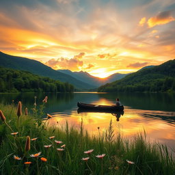 A beautifully serene landscape featuring a calm lake surrounded by lush green forests and distant mountains