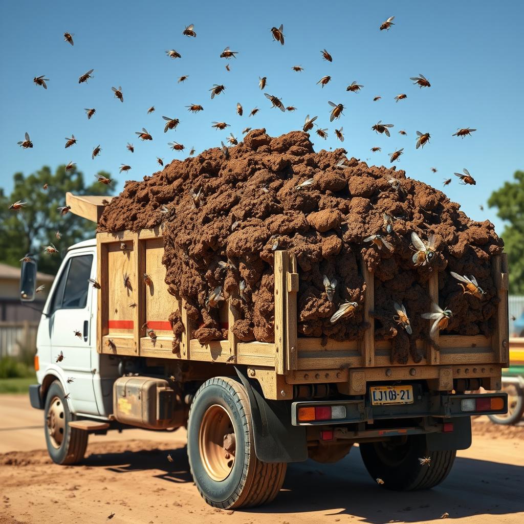 A dump truck overflowing with brown, textured poop, surrounded by numerous flies buzzing and swarming over, showcasing realism and attention to detail
