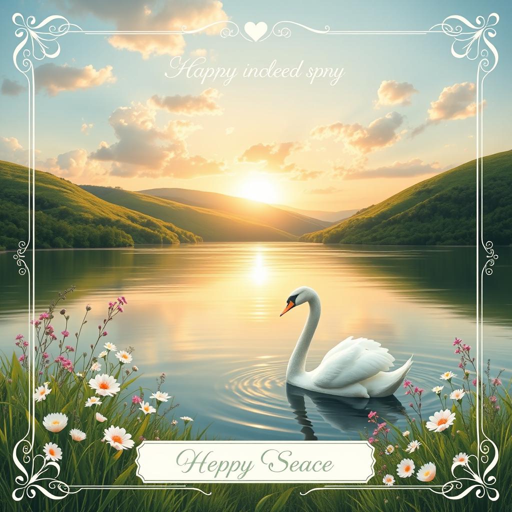  Create an elegant greeting card featuring a serene landscape with a sunrise over a tranquil lake, surrounded by lush green hills and blooming wildflowers