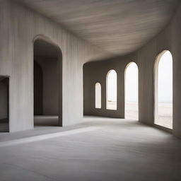 An expansive, awe-inspiring avant-garde concrete gallery filled with tiny silhouettes. The floor mirrors a meticulously crafted beach with detailed sand and miniature dunes. Scattered around the gallery, diverse pieces of captivating artwork adorn the concrete walls, captured in a striking architectural photography style.