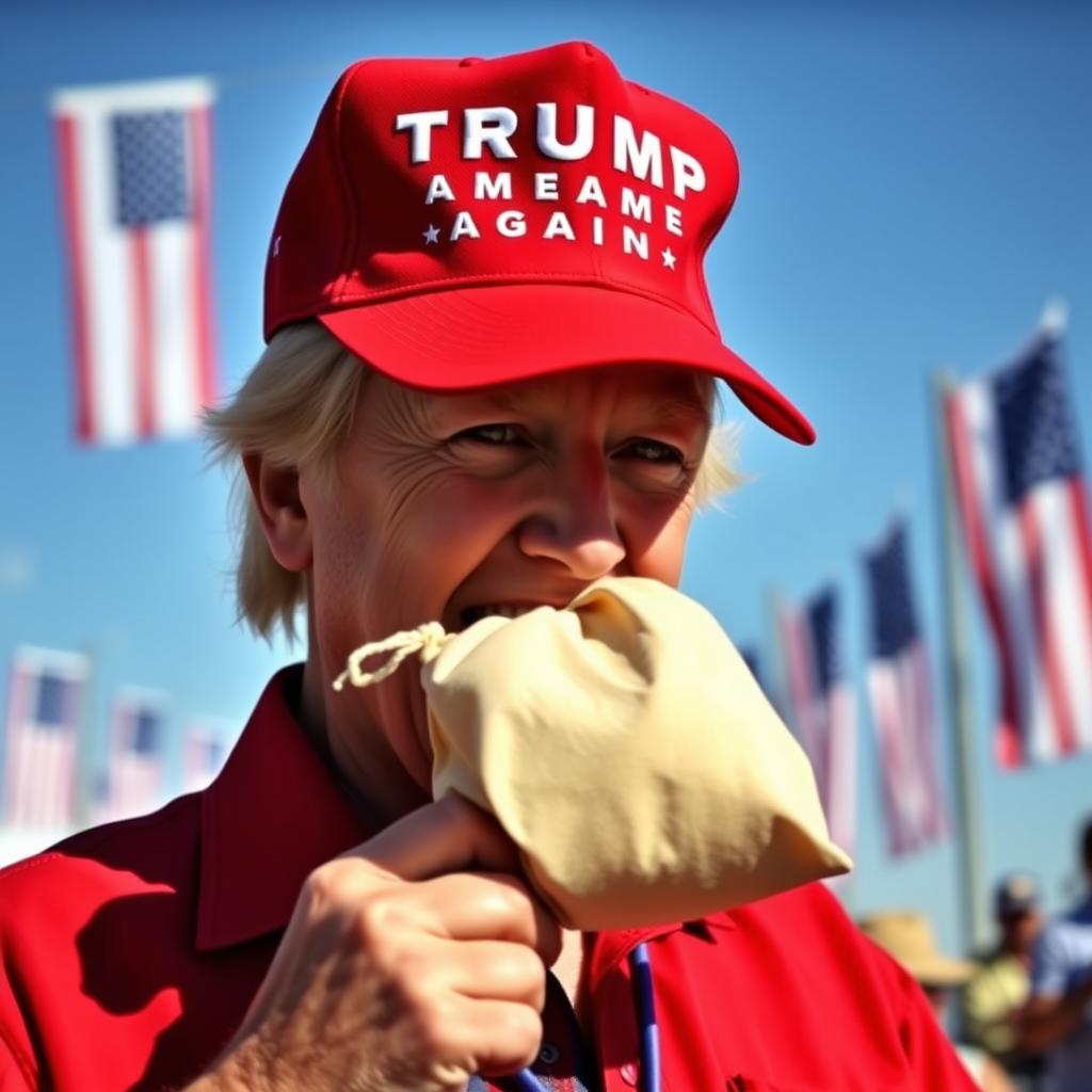 A Trump supporter, proudly wearing a red 'Make America Great Again' hat, stands with a confident posture