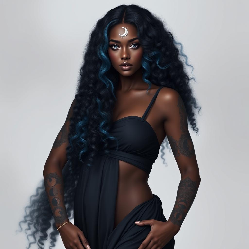 A beautiful woman with dark skin and long black hair featuring blue highlights, very curly and reaching her waist