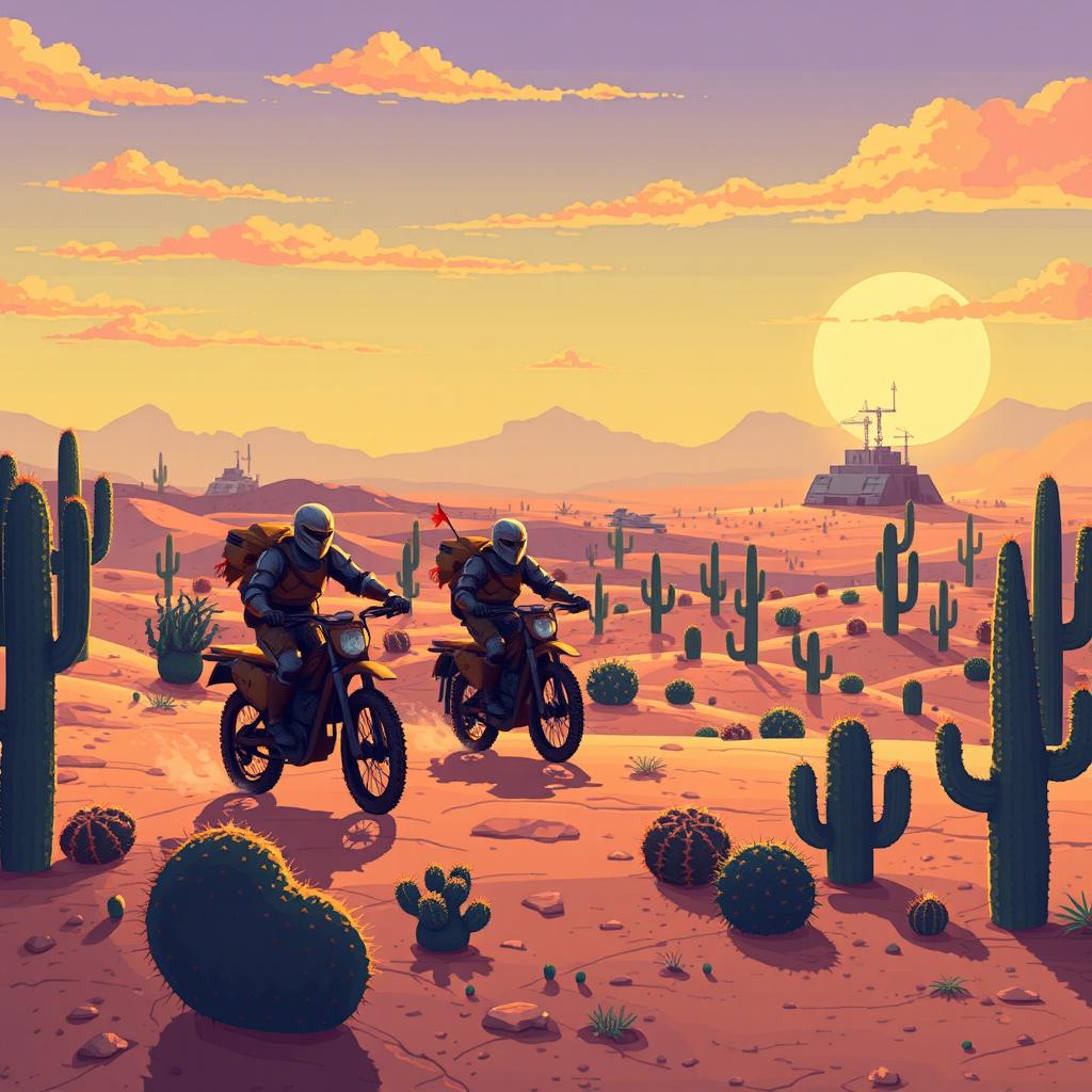A detailed pixel art scene featuring two knights in armor riding mountain bikes across a vast desert landscape during dawn