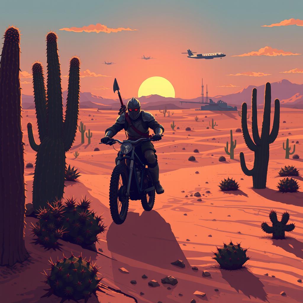 A detailed pixel art scene depicting two knights riding mountain bikes in a vast desert during dawn
