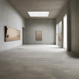 An expansive, awe-inspiring avant-garde concrete gallery filled with tiny silhouettes. The floor mirrors a meticulously crafted beach with detailed sand and miniature dunes. Scattered around the gallery, diverse pieces of captivating artwork adorn the concrete walls, captured in a striking architectural photography style.