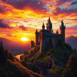 A captivating medieval castle standing tall on a hilltop at sunset