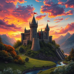 A captivating medieval castle standing tall on a hilltop at sunset
