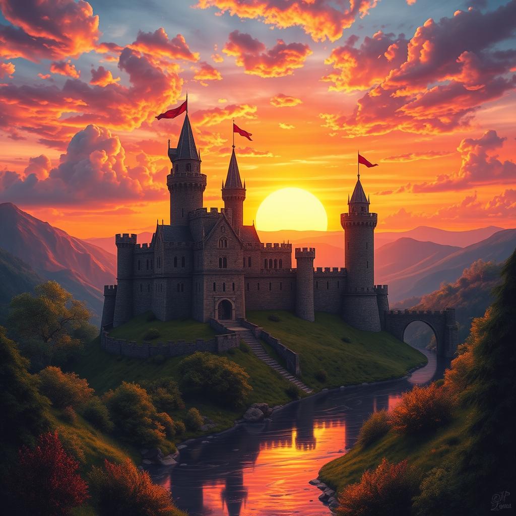 A captivating medieval castle standing tall on a hilltop at sunset