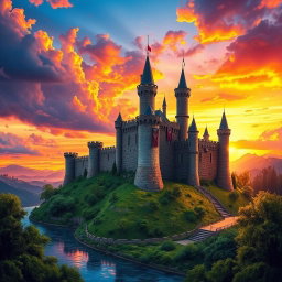 A captivating medieval castle standing tall on a hilltop at sunset