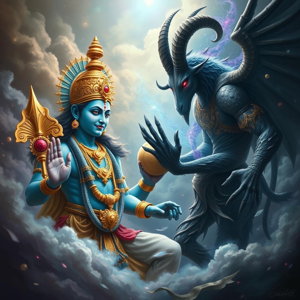 A dynamic and epic confrontation between Lord Vishnu, the Hindu god depicted with a serene expression, blue skin, adorned in royal golden armor and jewelry, holding a conch shell and a discus, representing protection and preservation of the universe, facing off against Baphomet, portrayed with a goat's head, anthropomorphic form, and a mysterious aura, surrounded by dark, mystical energies