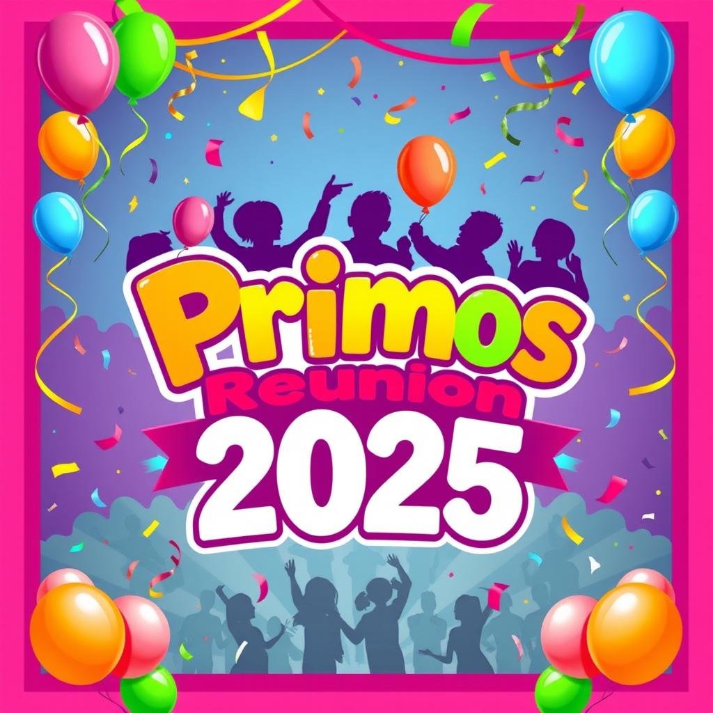 An eye-catching graphic design representing a reunion event titled 'Primos Reunion 2025'