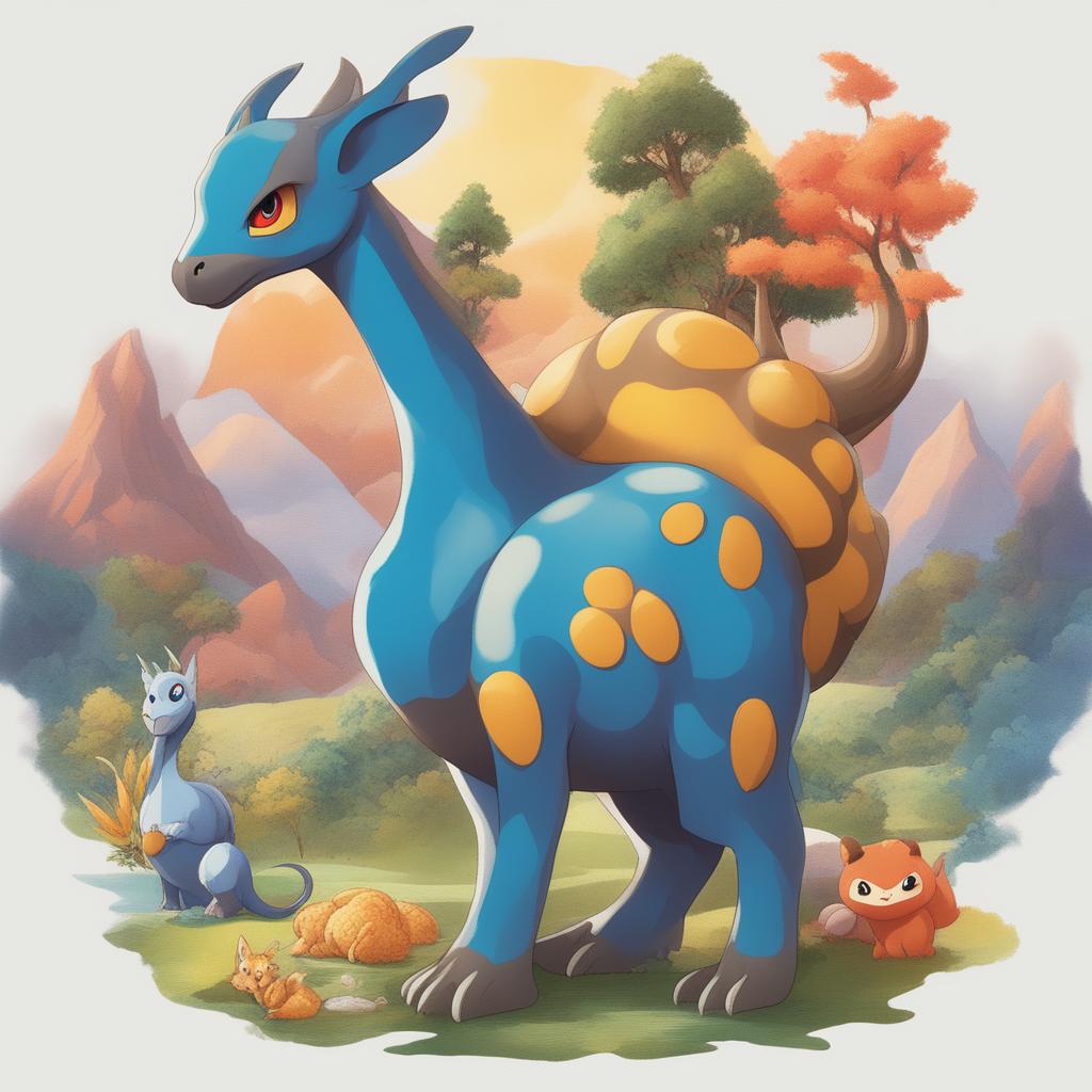 A digitally rendered image of a unique Pokemon character, combining elements of a dontosaurus, peacock, turkey, deer, cat, tiger, gorilla, and giraffe