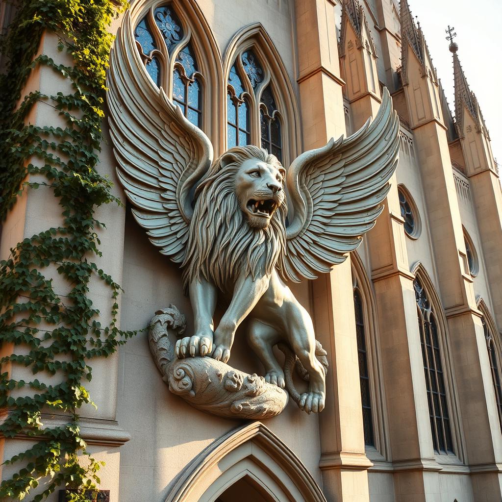 A majestic winged lion sculpture integrated as a facade for a grand church, the lion has detailed feathers and a regal mane, symbolizing strength and divine guardianship