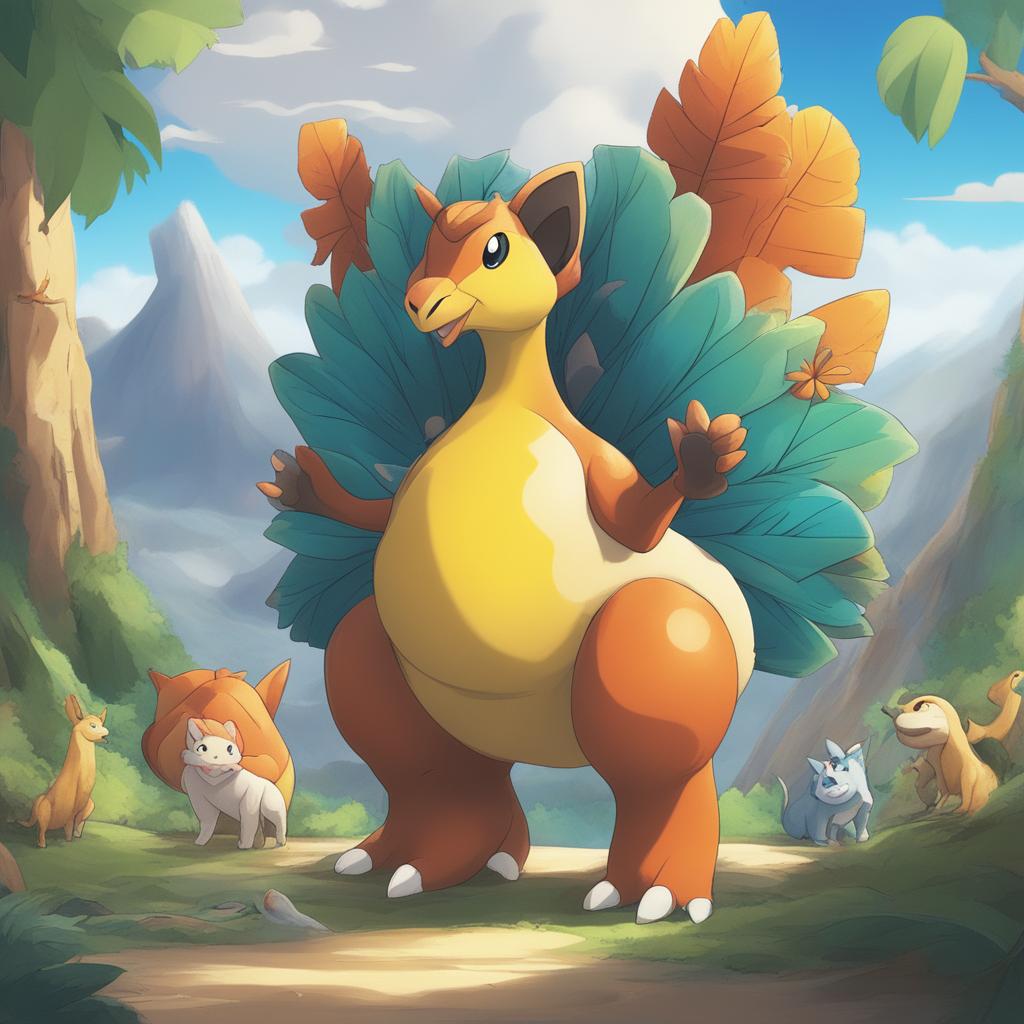 A digitally rendered image of a unique Pokemon character, combining elements of a dontosaurus, peacock, turkey, deer, cat, tiger, gorilla, and giraffe