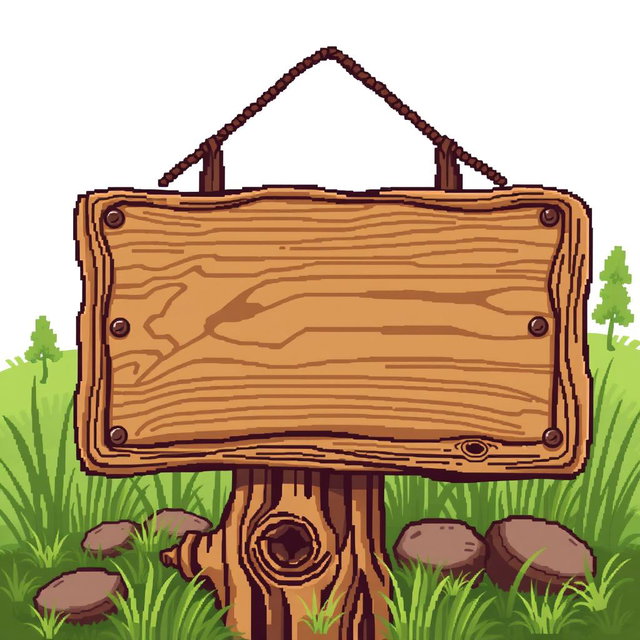 A pixel art illustration of a wooden sign, intricately designed with visible wood grain texture