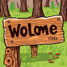 A pixel art illustration of a wooden sign, intricately designed with visible wood grain texture
