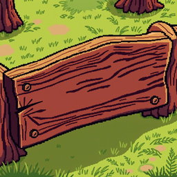 A pixel art illustration of a wooden sign, intricately designed with visible wood grain texture