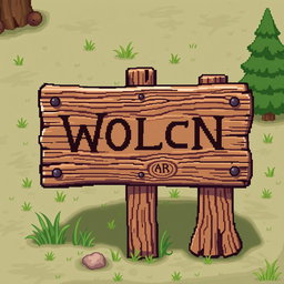 A pixel art illustration of a wooden sign, intricately designed with visible wood grain texture