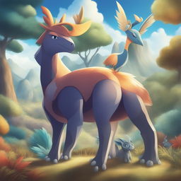 A digitally rendered image of a unique Pokemon character, combining elements of a dontosaurus, peacock, turkey, deer, cat, tiger, gorilla, and giraffe