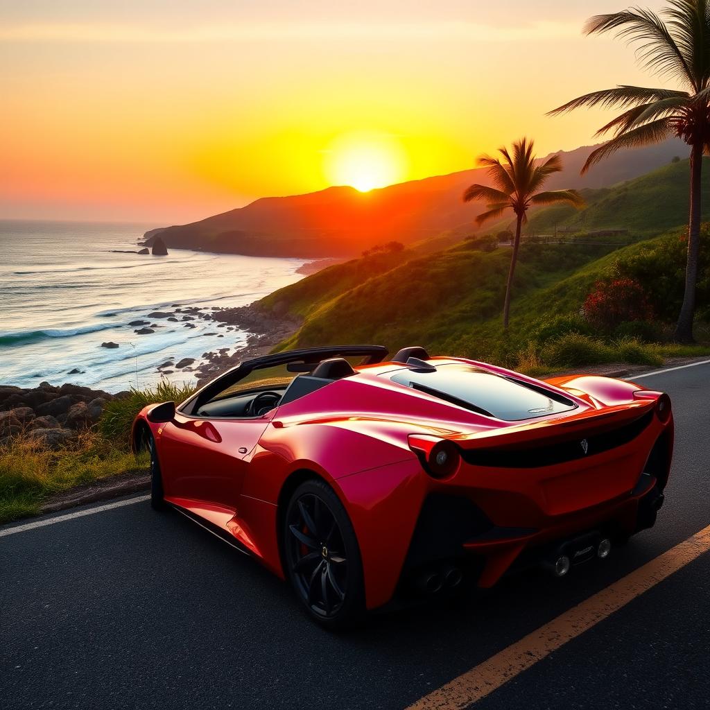 A vibrant red sports car parked on a scenic coastal road during the golden hour