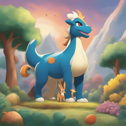 A digitally rendered image of a unique Pokemon character, combining elements of a dontosaurus, peacock, turkey, deer, cat, tiger, gorilla, and giraffe