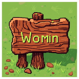 A pixel art representation of a wooden sign, featuring a rustic appearance with detailed wood grain texture