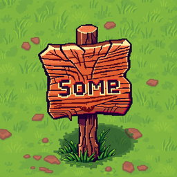 A pixel art representation of a wooden sign, featuring a rustic appearance with detailed wood grain texture
